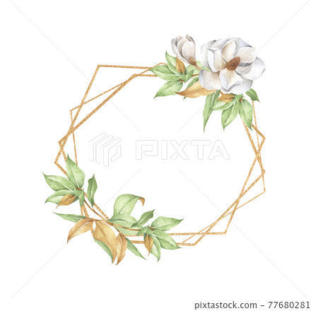 Frame with gold geometric shape. Watercolor floral illustration. 77680281
