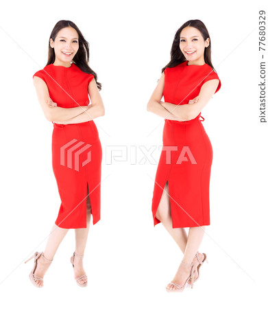Portrait beautiful woman in a red dress Showing a happy expression On a white background Portrait beautiful woman in a red dress Showing a happy expression On a white background 77680329