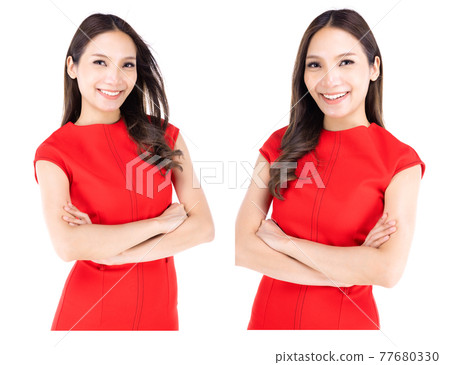 Portrait beautiful woman in a red dress Showing a happy expression On a white background Portrait beautiful woman in a red dress Showing a happy expression On a white background 77680330