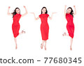 Portrait beautiful asian woman in a red dress Showing a happy expression On a white background 77680345