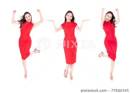 Portrait beautiful asian woman in a red dress Showing a happy expression On a white background 77680345