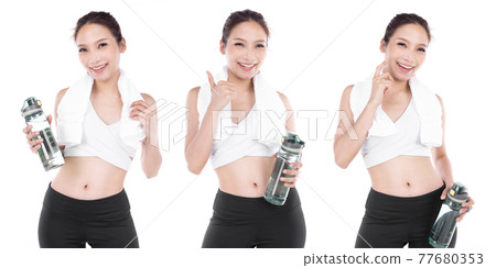 Young asian sporty woman with Water bottle isolate on white background . 77680353