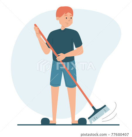 Man sweeping the floor using broom isolated Man sweeping the floor using broom isolated 77680407