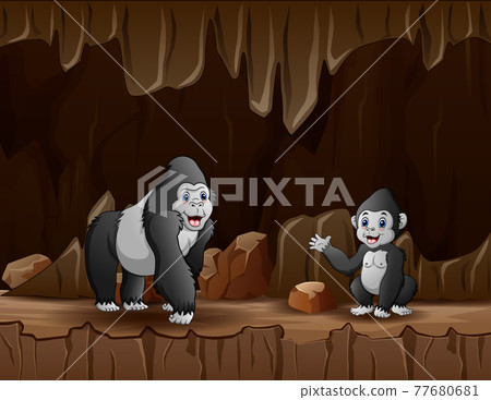 Cartoon a gorilla with her cub in the cave Cartoon a gorilla with her cub in the cave 77680681