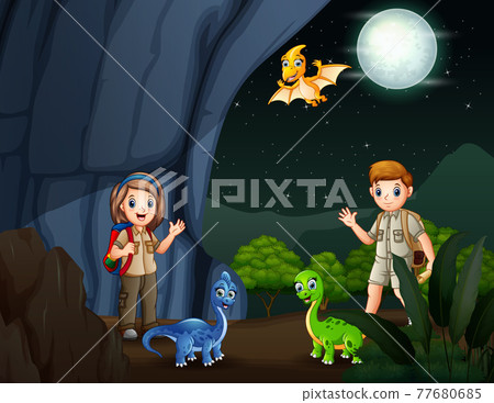 The scouts and many dinosaurs in the cave at night The scouts and many dinosaurs in the cave at night 77680685