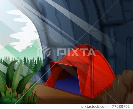 A camping tent in the cave illustration 77680701