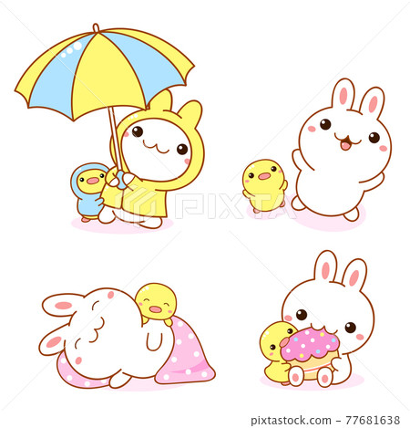 Set of kawaii bunny and duckling. Cute little duck and rabbit friends Set of kawaii bunny and duckling. Cute little duck and rabbit friends 77681638