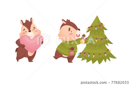 Cartoon Chipmunk Holding Heart and Decorating Fir Tree Vector Set Cartoon Chipmunk Holding Heart and Decorating Fir Tree Vector Set 77682033