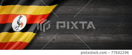 Uganda flag on black wood wall banner Uganda flag on black wood wall banner 77682296