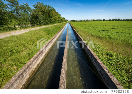 Two Small Concrete Irrigation Canals in the Countryside - Padan Plain Italy Two Small Concrete Irrigation Canals in the Countryside - Padan Plain Italy 77682538