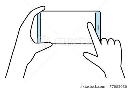 一隻手操作側向智能手機的線條藝術插圖，雙手，2 種顏色 77683086
