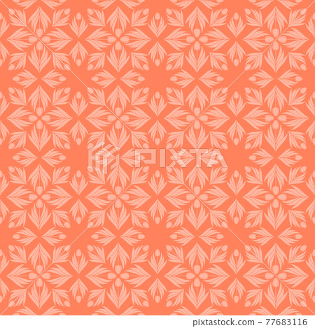Seamless pattern with a pattern of the silhouette of tulips and leaves. Design in coral, orange for printing, packaging, fabric. Electric Tangerine. Damascus styling. Vector Seamless pattern with a pattern of the silhouette of tulips and leaves. Design in coral, orange for printing, packaging, fabric. Electric Tangerine. Damascus styling. Vector 77683116