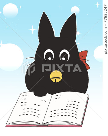 Black cat reading, glittering light blue background 77683247