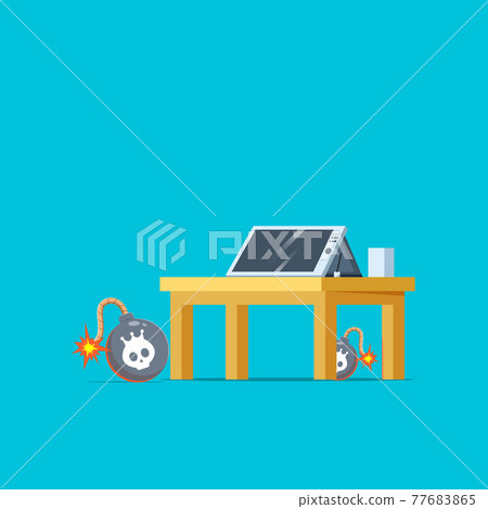 Concept illustration of tired of work with a table, PC, and rounded bomb 77683865