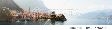 view of Varenna village on the Como Lake at early morning 77683929