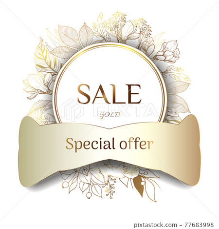Gold frame. 3d paper cut summer season sale offer banner template. Leaves and flowers from golden threads. Female sale tag. Shop market poster design.Vector illustration. Place for an inscription. 77683998