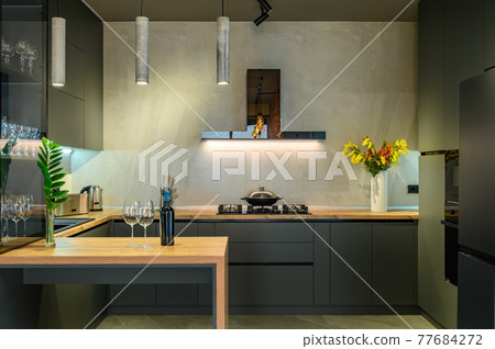 Modern large luxurious studio apartment with kitchen 77684272