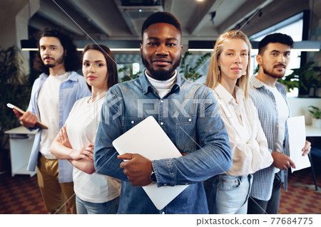 Group portrait of five diverse young colleagues standing in a row in office 77684775