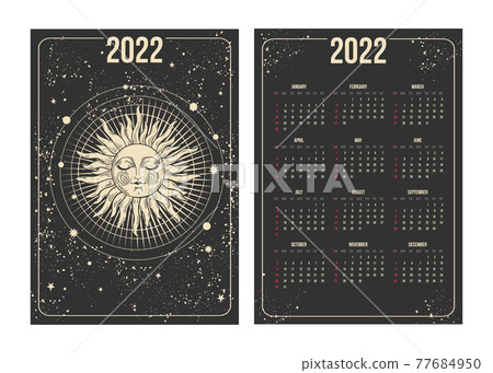 Tarot calendar 2022, sun with face in astrological boho design. Week starts on Sunday. Vertical two-sided calendar design template. Tarot calendar 2022, sun with face in astrological boho design. Week starts on Sunday. Vertical two-sided calendar design template. 77684950