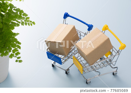 Shopping cart and cardboard box Shopping image 77685089