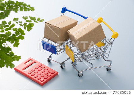 Shopping cart and cardboard box Shopping image 77685096