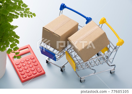 Shopping cart and cardboard box Shopping image 77685105