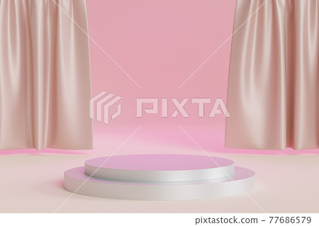 Cylinder podium or pedestal for products or advertising on shiny beige curtains background, minimal 3d illustration render 77686579