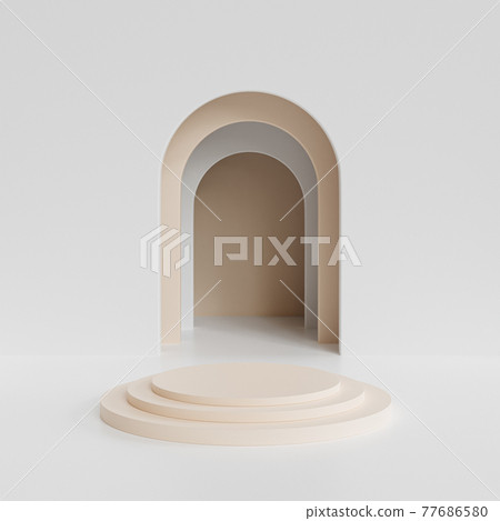Beige cylinder podium or pedestal for products or advertising near to white empty entrance. 3D minimal rendering. Beige cylinder podium or pedestal for products or advertising near to white empty entrance. 3D minimal rendering. 77686580
