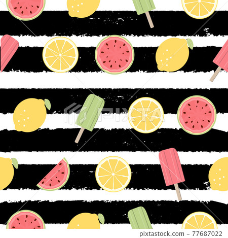 Seamless Pattern with Lemon, Watermelon Fruits and Ice Cream. Vector Illustration 77687022