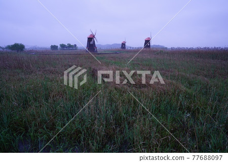 Windmill. Incheon Metropolitan City. Sorae Wetland Park. Tidal flat. Coastal area 77688097
