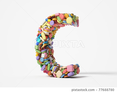 different pills stack in shape of letter C. 3D illustration different pills stack in shape of letter C. 3D illustration 77688780