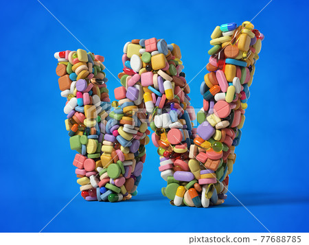 different pills stack in shape of letter W. 3D illustration with blue background. 77688785
