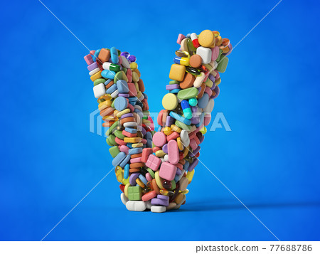 different pills stack in shape of letter V. 3D illustration with blue background. different pills stack in shape of letter V. 3D illustration with blue background. 77688786