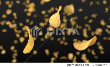 Crunchy potato chips rain. 3D illustration with black background 77688943