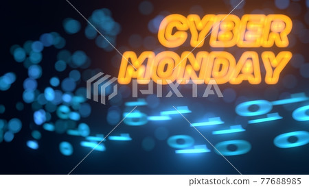 glowing binary code flow flying front of cyber monday text. 3D illustration glowing binary code flow flying front of cyber monday text. 3D illustration 77688985