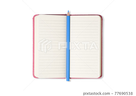 Pink Blank open office Notepad or notebook isolated on white background and blue pencil. Mock up. Top view. Pink Blank open office Notepad or notebook isolated on white background and blue pencil. Mock up. Top view. 77690538