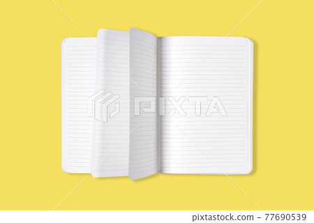 Blank open office Notepad or notebook with flipping pages isolated on yellow background. Mock up. Top view. Blank open office Notepad or notebook with flipping pages isolated on yellow background. Mock up. Top view. 77690539