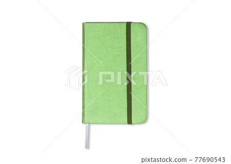 Green closed notebook mockup isolated on white background. Top view, mock up. Green closed notebook mockup isolated on white background. Top view, mock up. 77690543