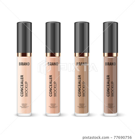 Vector 3d Realistic Lip Gloss, Foundation, Concealer, Corrector Package, Black Cap, Lip Gloss Set Isolated. Glass Container, Tube. Plastic Transparent Bottle, Design Template, Mockup. Front View 77690756