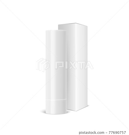 Vector Realistic 3d White Blank Closed Lip Balm Stick, Hygienic Lipstick and Carton Packing Set Isolated. Design Template for Graphics, Vector Mockup. Cosmetic, Beauty, Makeup Concept. Front View 77690757