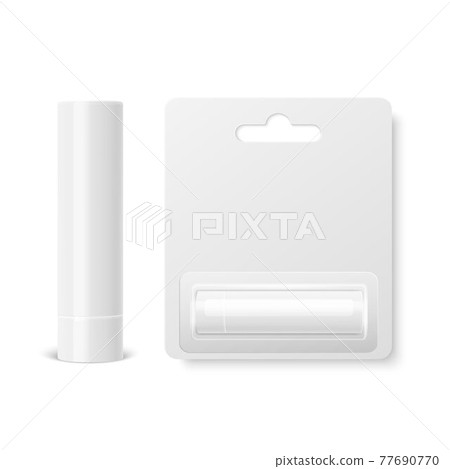 Vector Realistic 3d White Blank Closed Lip Balm Stick, Hygienic Lipstick and Blister Packaging Set Isolated. Design Template for Graphics, Vector Mockup. Cosmetic, Beauty, Makeup Concept. Front View 77690770