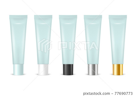 Vector 3d Realistic Plastic, Metal Blue Lip Balm, Lipstick, Cream Tube, Packing Set Isolated on White Background. Design Template of Toothpaste, Cosmetics, Cream, Tooth Paste for Mockup. Front View 77690773