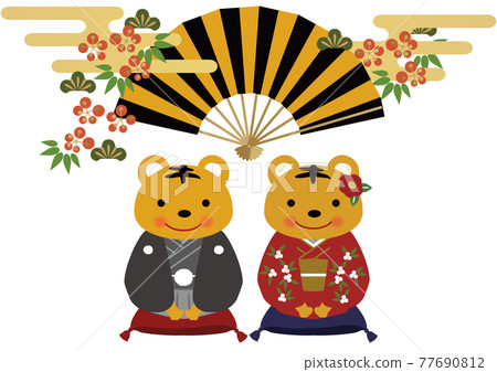 新年的設計材料。老虎的插圖。生肖圖標。日本新年。幸運符的插圖。對於新年賀卡。 77690812