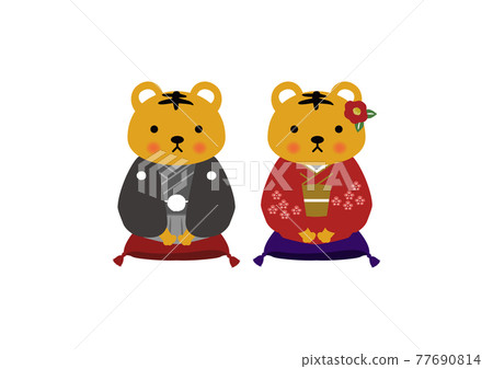 新年的設計材料。老虎的插圖。生肖圖標。日本新年。幸運符的插圖。對於新年賀卡。 新年的設計材料。老虎的插圖。生肖圖標。日本新年。幸運符的插圖。對於新年賀卡。 77690814