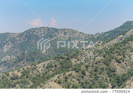 Green slopes of mountains near the village of Kakopetria in Cyprus 77690924