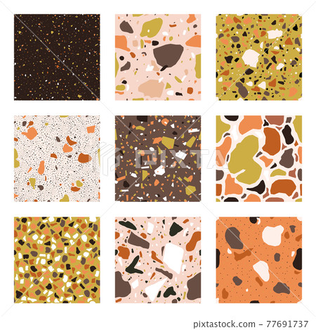 Marble chips seamless patterns. Granite, marble and quartz textured flooring mosaic vector background set. Italian marble rock seamless textures 77691737