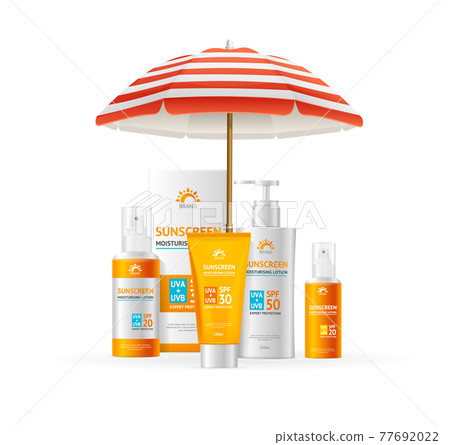 Realistic Detailed 3d Sunscreen Moisturizer Lotion Cream Set under Umbrella Concept. Vector 77692022