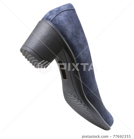 one elegant blue women's shoe made of suede, with high heels, as if walking, on a white background one elegant blue women's shoe made of suede, with high heels, as if walking, on a white background 77692355