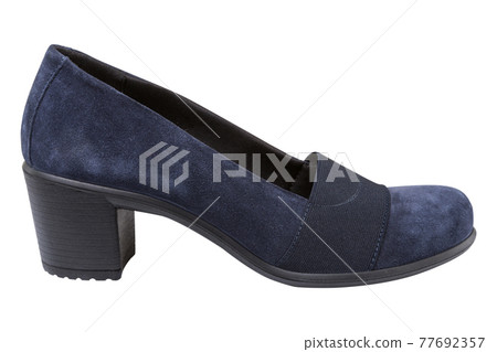 one elegant blue women's shoe made of suede, with high heels, on a white background one elegant blue women's shoe made of suede, with high heels, on a white background 77692357
