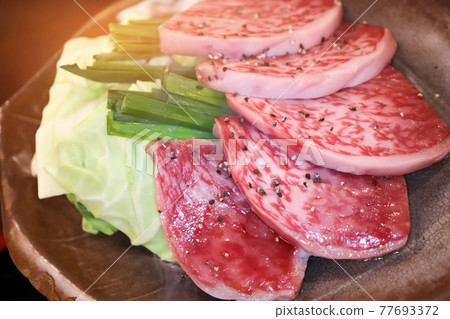 Premium quality raw sliced wagyu beef A5 steak for yakiniku. Japanese foods style. 77693372